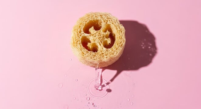 Minimalist view of a wet natural fiber sponge with water dripping gracefully from its core set against a clean pastel pink background scene, macro, dripping, care