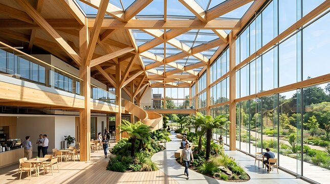 Passive Solar Atrium With Glulam Timber Beams and Floor-to-Ceiling Glass