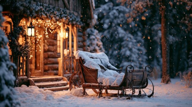 Santa Claus's sleigh outside a house covered in snow