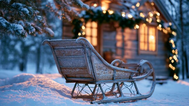 Santa Claus's sleigh outside a house covered in snow