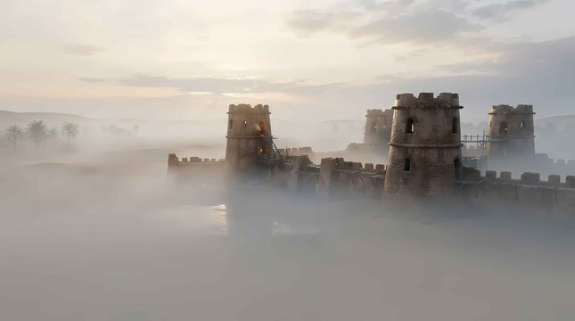 Medieval castle ruins with stone towers emerging from thick morning fog for historic travel content