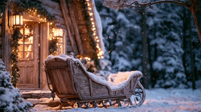 Santa Claus's sleigh outside a house covered in snow