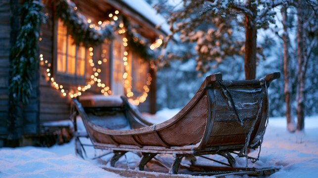 Santa Claus's sleigh outside a house covered in snow