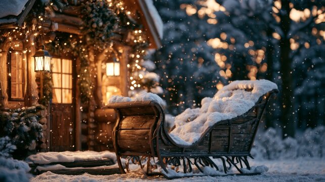 Santa Claus's sleigh outside a house covered in snow