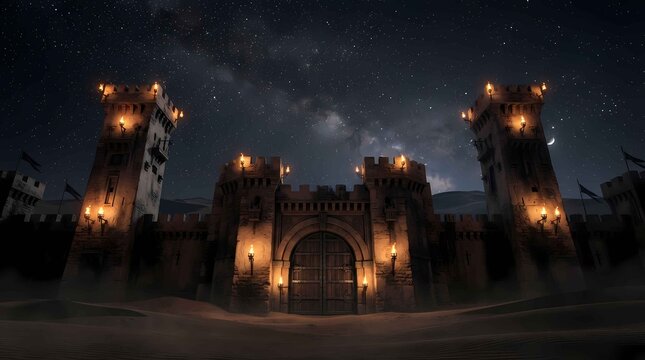 Medieval stone castle gate under night sky with milky way stars for fantasy travel marketing content