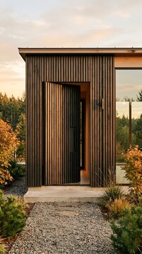 Charred Cedar Slat Facade With Hidden Pivot Door at Golden Hour