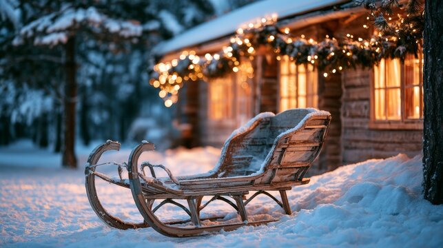Santa Claus's sleigh outside a house covered in snow