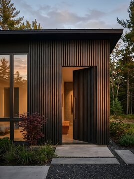 Charred Cedar Slat Facade With Hidden Pivot Door at Golden Hour