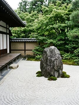 Minimalist Zen Courtyard With Granite Boulder and Raked White Gravel