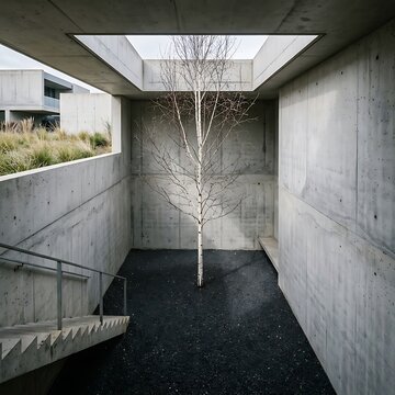 Sunken Concrete Courtyard With Birch Tree and Subterranean Light Well