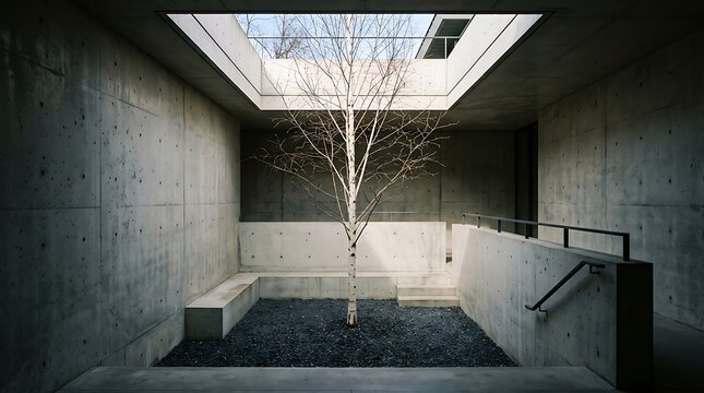 Sunken Concrete Courtyard With Birch Tree and Subterranean Light Well