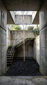 Sunken Concrete Courtyard With Birch Tree and Subterranean Light Well