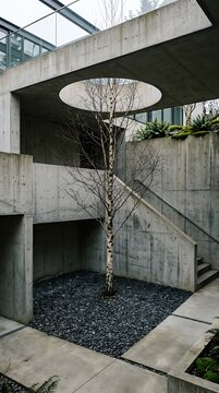 Sunken Concrete Courtyard With Birch Tree and Subterranean Light Well