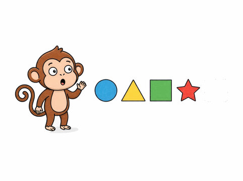 Cute cartoon monkey character looking surprised while learning geometric shapes like circle triangle square and star for early childhood education
