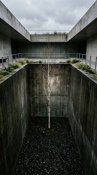 Sunken Concrete Courtyard With Birch Tree and Subterranean Light Well