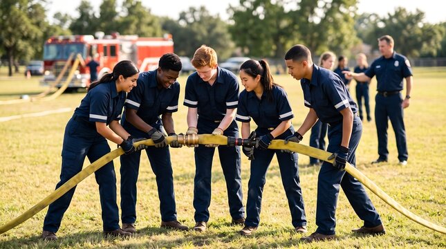 Fireman Fire Brigade Trainees and Young Cadets Connecting Heavy Hose During Outdoor Firefighting Training Session on Field with Fire Engine in Background