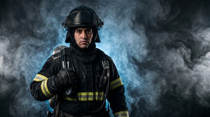 Fototapeta premium Fireman Fire Brigade Officer wearing Turnout Gear and Protective Fire Helmet Standing in Smoke for Emergency Rescue Response and Public Safety Service