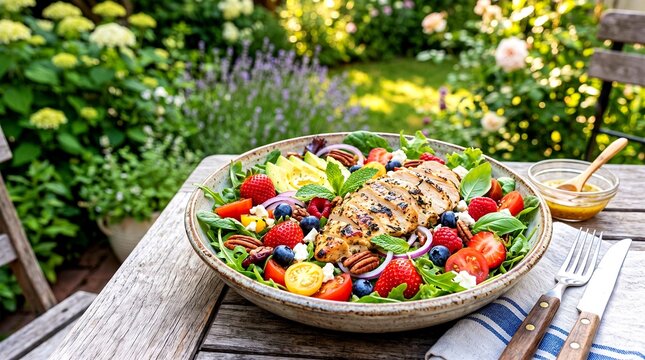 Salada Fresca de Frango Grelhado com Frutas e Nozes em Mesa de Madeira ao Ar Livre
