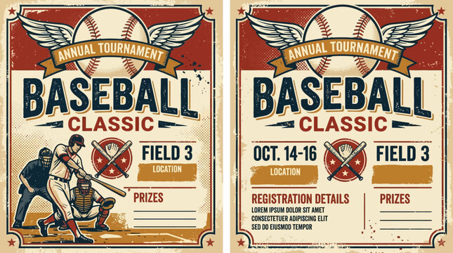 Vintage Baseball Tournament Poster With Players And Baseball Graphic
