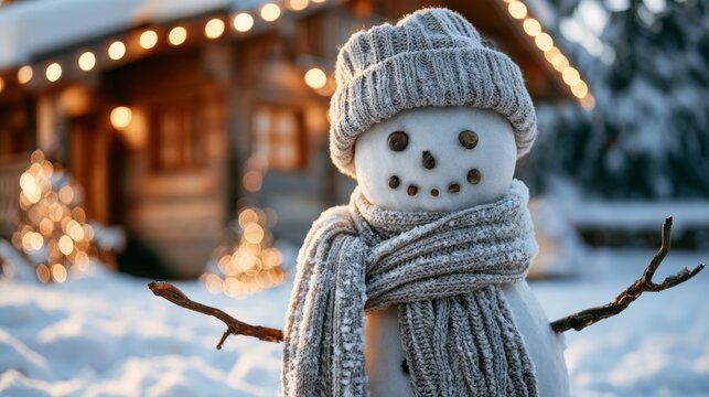 Snowman wearing a hat outside a snow-covered house.