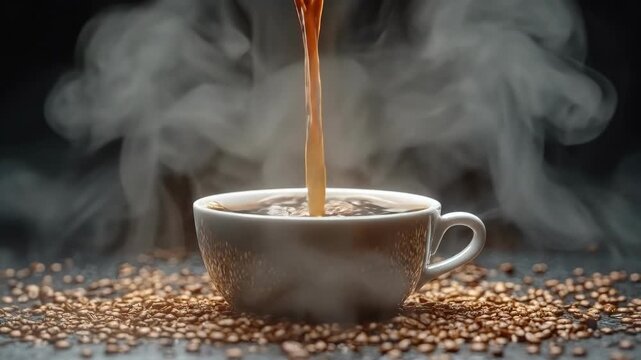 Steaming cup of coffee with falling coffee beans and dark background
