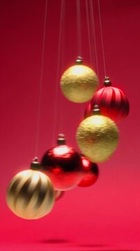 Pendulum of Hypnotic Christmas Balls Swinging in Front of Red Background