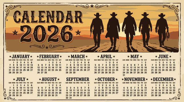 Vintage Western Cowboys Walking Towards Sunset Calendar 2026