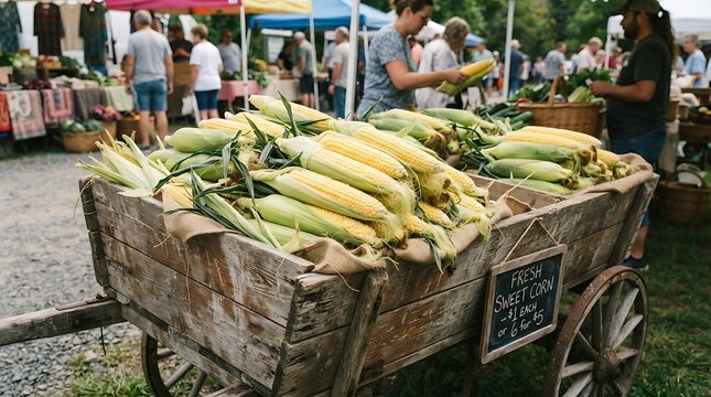 Fresh sweet corn stacked in a rustic wooden wagon at a vibrant outdoor farmers market
