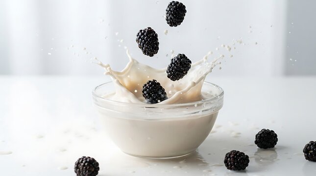 Fresh blackberries falling into a bowl of milk or yogurt creating a dynamic splash on a white background