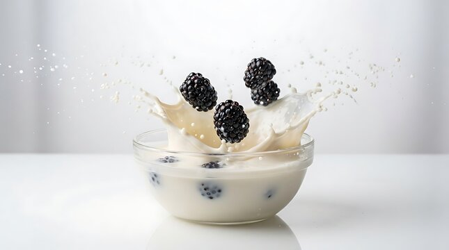 Delicious blackberry falling into a glass bowl with creamy milk creating a dynamic and refreshing splash