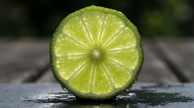 Macro shot of a vibrant green lime slice illuminated from behind, showing intricate juicy segments on a dark wet surface