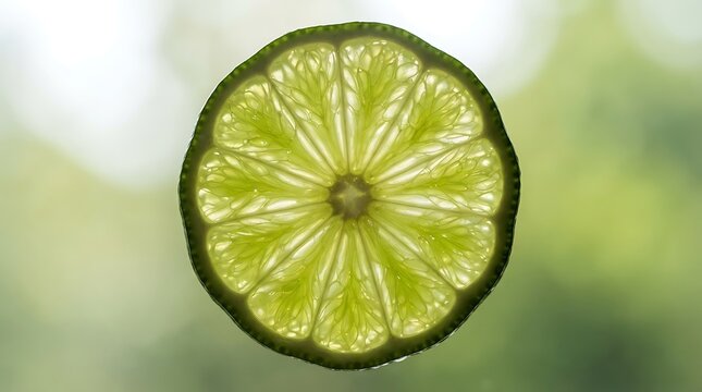 Backlit macro shot of a fresh lime slice showing translucent segments and natural texture against a soft green background