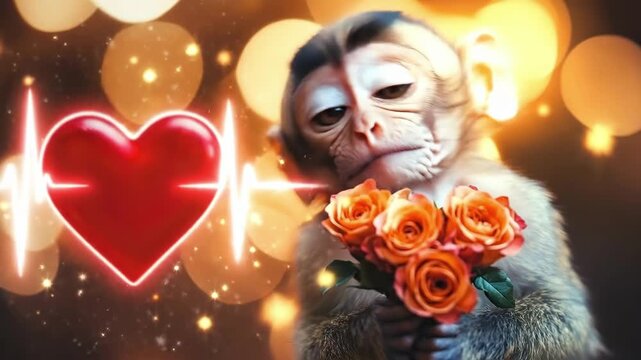 Cute baby monkey holding orange roses with heart-shaped bokeh in background. The 14th of February. Happy Valentine's Day