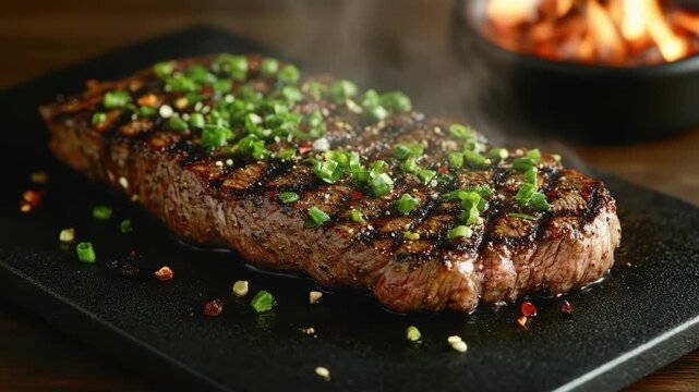 Grilled peppercorn steak with chopped scallions on black slate