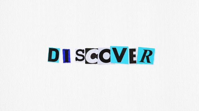 Discover cut-paper typography loop on white textured paper