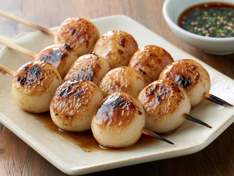 Mitarashi dango grilled mochi skewers with sweet soy glaze