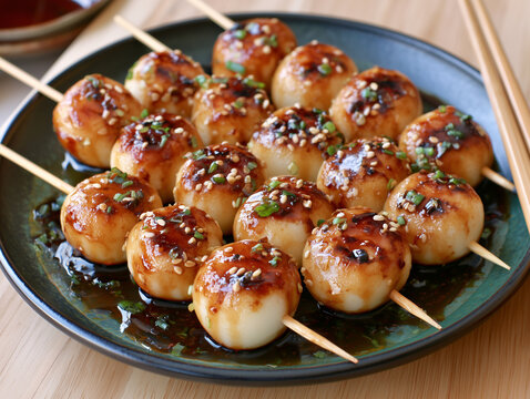 Mitarashi dango skewers with soy glaze and sesame
