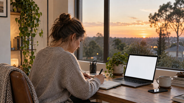 Woman Working on Laptop at Home During Warm Sunset