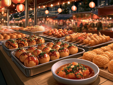 Japanese street food stand offering takoyaki and taiyaki at night market