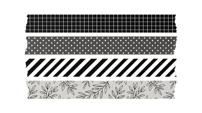 Four monochrome minimalist paper washi tape strips with grid dots diagonal stripes and leaf patterns isolated element on transparent background