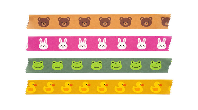 Four vibrant high contrast paper washi tape strips with cute animal face patterns isolated element on transparent background