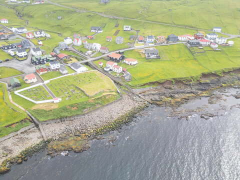 Aerial view of the village of Sumba in the Faroe islands