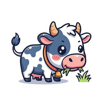 Cute Cartoon Cow Eating Grass.