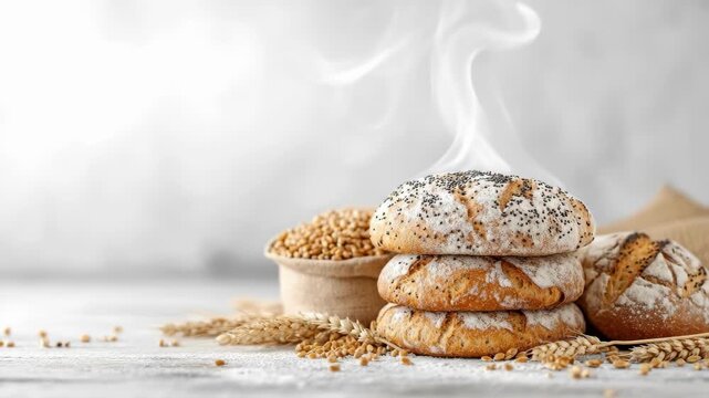 Freshly baked bread with seeds and wheat on rustic white background