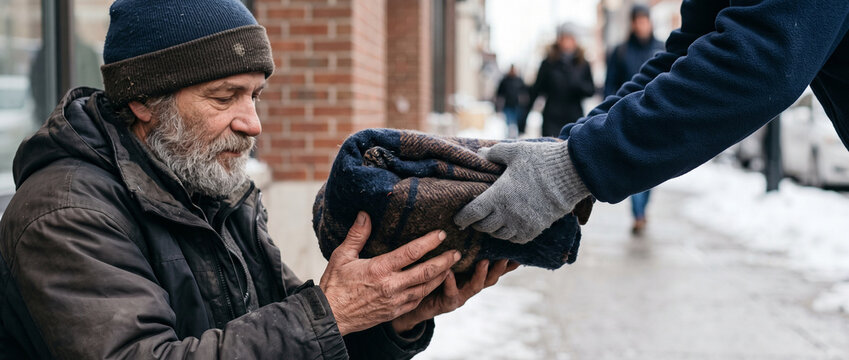 Homeless man receiving warm blanket donation on snowy city street. Volunteer hands giving winter aid to elderly bearded man in need.