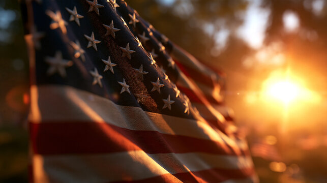 American Flag Waving at Sunset with Golden Sunlight