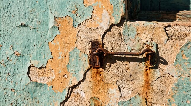 Rusty Metal Latch on Weathered Peeling Wall Texture