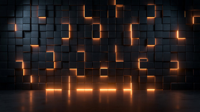 Abstract Dark Geometric Cube Wall with Glowing Orange Backlight