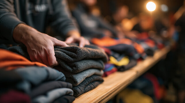 Volunteer Hands Organizing Warm Clothes for Charity Donation