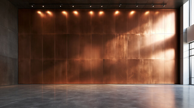 Modern Interior with Large Copper Wall and Concrete Floor